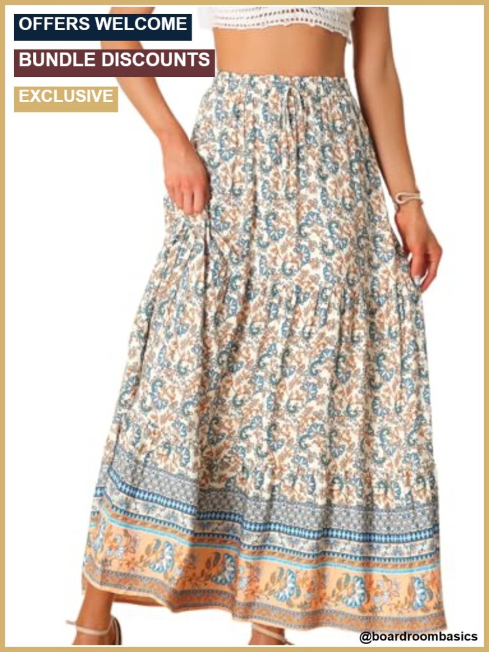 Boho Floral Maxi Skirt Elastic Waist A-Line Swing Hem